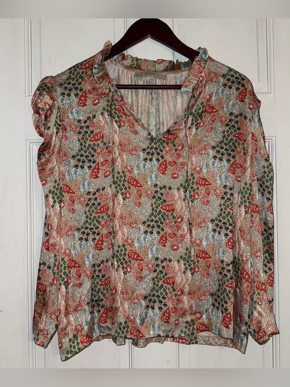 LOFT Women's Boho Print Ruffle Collar Tie Neck Puffer Sleeve Blouse Size L